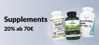 20% Rabatt ab 70 € auf Nahrungsergänzungsmittel mit dem Rabattcode AUG26EUSUPP. Zu sehen sind Vitamin C, Ashwagandha und Inositol.