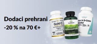 20 % popusta na dodatke prehrani u vrijednosti od 70 € ili više uz promotivni kod AUG26EUSUPP. Uključuje bočice vitamina C, ašvagande i inozitola.