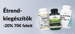 20% kedvezmény 70€ feletti rendelésekre az AUG26EUSUPP promóciós kóddal. A banner C-vitaminos, ashwagandhás és inozitolos flakonokat ábrázol.