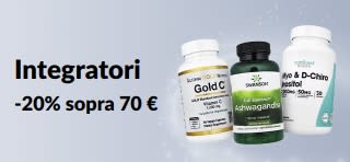 Sconto del 20% sugli integratori per ordini sopra 70 € con il codice AUG26EUSUPP. Vengono mostrate confezioni di Vitamina C, Ashwagandha e Inositolo.