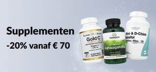 20% korting op supplementen vanaf € 70 met promocode AUG26EUSUPP. Bevat flessen met vitamine C, ashwagandha en inositol.