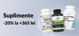 -20% la +365 lei la suplimente cu codul AUG26EUSUPP. Cu flacoane de vitamina C, ashwagandha și inozitol.