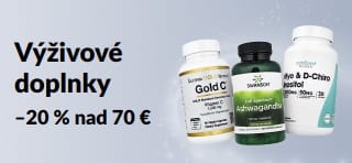 –20 % pri nákupe výživových doplnkov nad 70 € s kódom AUG26EUSUPP. Zobrazuje vitamín C, ashwagandhu a inozitol.