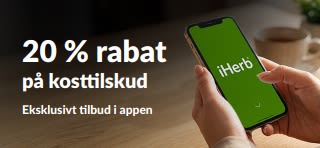 Hænder, der holder en telefon med iHerb-appen, hvor der reklameres for 20 % rabat på kosttilskud med koden EUSUPPS20.