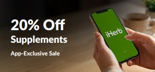Hands holding a phone with the iHerb app, promoting 20% off supplements with code EUSUPPS20.