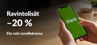 Kädet pitelevät puhelinta, jossa on iHerb-sovellus, ja tarjouksena 20 % alennusta ravintolisistä koodilla EUSUPPS20.