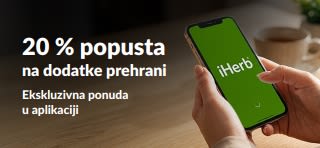 Reklamni natpis za promociju 20 % popusta na dodatke prehrani uz kod EUSUPPS20 s prikazom ruku koje drže mobitel s otvorenom aplikacijom iHerb.