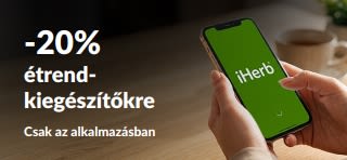 Egy iHerb alkalmazást megjelenítő telefont tartó kezek, a táplálékkiegészítőkre a EUSUPPS20 kóddal igénybe vehető 20%-os kedvezményt népszerűsítve.
