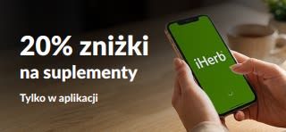 Dłonie trzymające telefon z aplikacją iHerb, promujące 20% rabatu na suplementy z kodem EUSUPPS20.