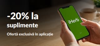 Mâini care țin un telefon cu aplicația iHerb, promovând o reducere de 20% la suplimente cu codul EUSUPPS20.