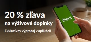 Ruky, ktoré držia v ruke mobil s aplikáciou iHerb, propagujúce 20 % zľavu na výživové doplnky s kódom EUSUPPS20.