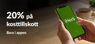 Händer som håller i en telefon med iHerb-appen uppe och reklam för 20% på kosttillskott i appen med koden EUSUPPS20.
