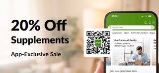Hand holding a phone with the iHerb app, promoting 20% off supplements with code EU20APPSUPPS.
