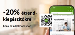 Egy kezet ábrázoló kép, amely egy iHerb alkalmazást megjelenítő telefont tart, és a EU20APPSUPPS kóddal elérhető 20%-os étrend-kiegészítő-kedvezményt népszerűsít.