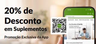 Uma mão a segurar um telemóvel com a app da iHerb aberta, a promover 20% de desconto em suplementos com o código EU20APPSUPPS.