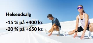 Helseudsalgsbanner med 15 % rabat på +400 kr. og 20 % ​​rabat på +650 kr.