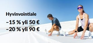 Hyvinvointialen banneri, joka tarjoaa –15 % yli 50 € ja –20 % yli 90 € tilauksista.