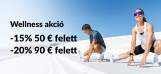 Wellness akciós banner: 15% kedvezmény 50 € felett, és 20% kedvezmény 90 € felett.