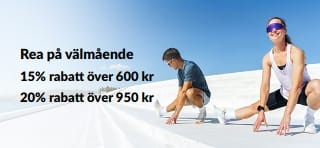 Banner för rea på välmående som erbjuder 15% rabatt över 600 kr och 20% rabatt över 950 kr.