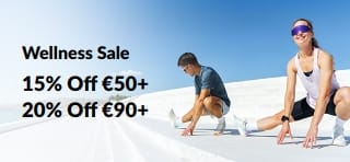 Wellness Sale banner offering 15% off €50+ and 20% off €90+.