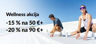 Reklamni natpis za wellness akciju koja nudi 15 % popusta na kupnje iznad 50 € i 20 % popusta na kupnje iznad 90 €.