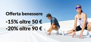 Banner su una promozione benessere che offre il 15% di sconto oltre i 50 € di spesa, e il 20% di sconto oltre i 90 € di spesa.