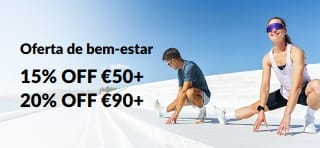 Banner da oferta de bem-estar com 15% OFF em pedidos acima de €50 e 20% OFF acima de €90.