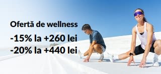 Banner pentru oferta de wellness cu -15% la comenzi de peste 260 lei și -20% la comenzi de peste 440 lei.