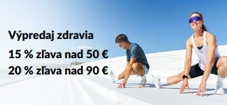 Baner pre výpredaj zdravia, ktorý propaguje 15 % zľavu pri nákupe nad 50 € a 20 % zľavu nad 90 €.