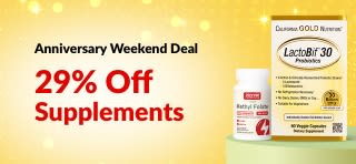 iHerb 29th Anniversary banner offering 29% off supplements with code 29SUPP, featuring probiotics, milk thistle, and magnesium.