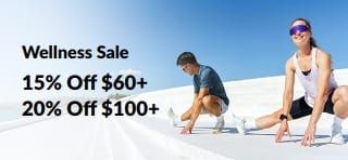 Wellness Sale banner offering 15% off $60+ and 20% off $100+.
