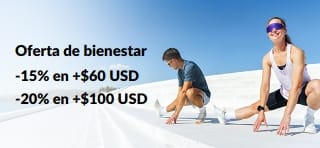 Banner de Oferta de bienestar: -15% en más de $60 USD y -20% en más de $100 USD.