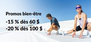Bannière Promos bien-être offrant -15 % dès 60 $ US d’achat et -20 % dès 100 $ US.