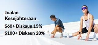 Sepanduk promosi Jualan Kesejahteraan: $60+ Diskaun 15% | $100+ Diskaun 20%.