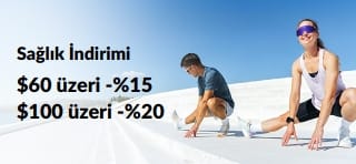 $60 üzeri alışverişlerde %15, $100 üzeri alışverişlerde %20 indirim sunan Sağlık İndirimi bannerı