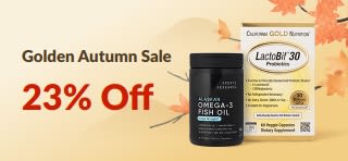 Golden Autumn Sale: 23% Off with code 9GAS77. Features health products, mountains, and autumn leaves.