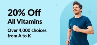 Smiling man jogging beside promo for 20% off all vitamins on blue background.