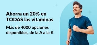 Hombre haciendo ejercicio sobre un fondo azul junto a la oferta de un 20% de descuento en vitaminas.