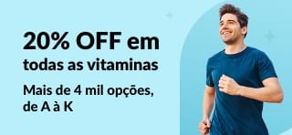 Homem sorridente correndo e uma oferta de 20% OFF em todas as vitaminas, com fundo azul.