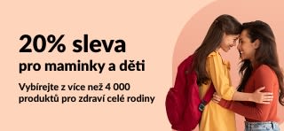 20% sleva na produkty pro zdraví dětí s promo kódem JUL25KIDS ukazující šťastnou maminku s dcerou a vybrané zboží.