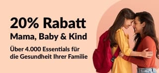 20% Rabatt auf Gesundheitsprodukte für Kinder; Rabattcode JUL25KIDS mit fröhlicher Mutter und Tochter und Produkten für das Wohlbefinden.