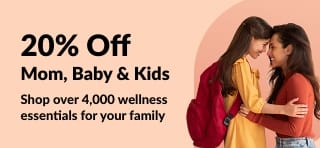 20% off children's wellness essentials; promo code JUL25KIDS shown with happy mom and daughter and health products.