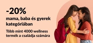 20% kedvezmény termékekre gyerekeknek a JUL25KIDS promóciós kóddal. A képen egy boldog anyuka és a lánya láthatók különböző egészségügyi termékekkel.
