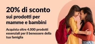 20% di sconto sui prodotti essenziali per il benessere dei bambini; codice promozionale JUL25KIDS riportato insieme a una mamma e una figlia felici e ai prodotti per la salute.
