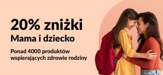20% zniżki na produkty dla zdrowia dzieci – kod promocyjny JUL25KIDS.Na grafice: uśmiechnięta mama z córką i produkty prozdrowotne.
