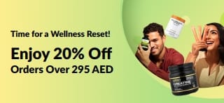 Wellness Reset promo: 20% Off orders over 295 AED. Smiling people holding health supplements.