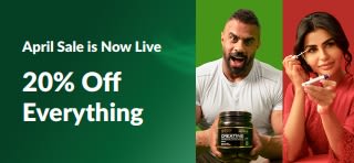 April sale banner: 20% off everything with code 26APRIL, featuring wellness products and people using supplements.