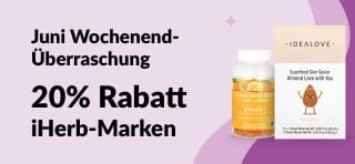 Banner für die Wochenend-Überraschung im Juni mit 20% Rabatt auf iHerb-Marken mit dem Code JUN25HB und ausgewählten Gesundheitsprodukten.