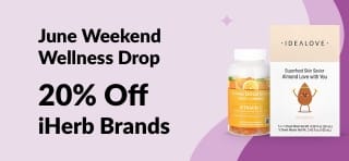 June Weekend Wellness Drop banner offering 20% off iHerb brands with code JUN25HB and featured health products.
