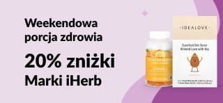 Weekendowa porcja zdrowia. Baner z ofertą 20% zniżki na Marki iHerb z kodem JUN25HB oraz polecanymi produktami zdrowotnymi.